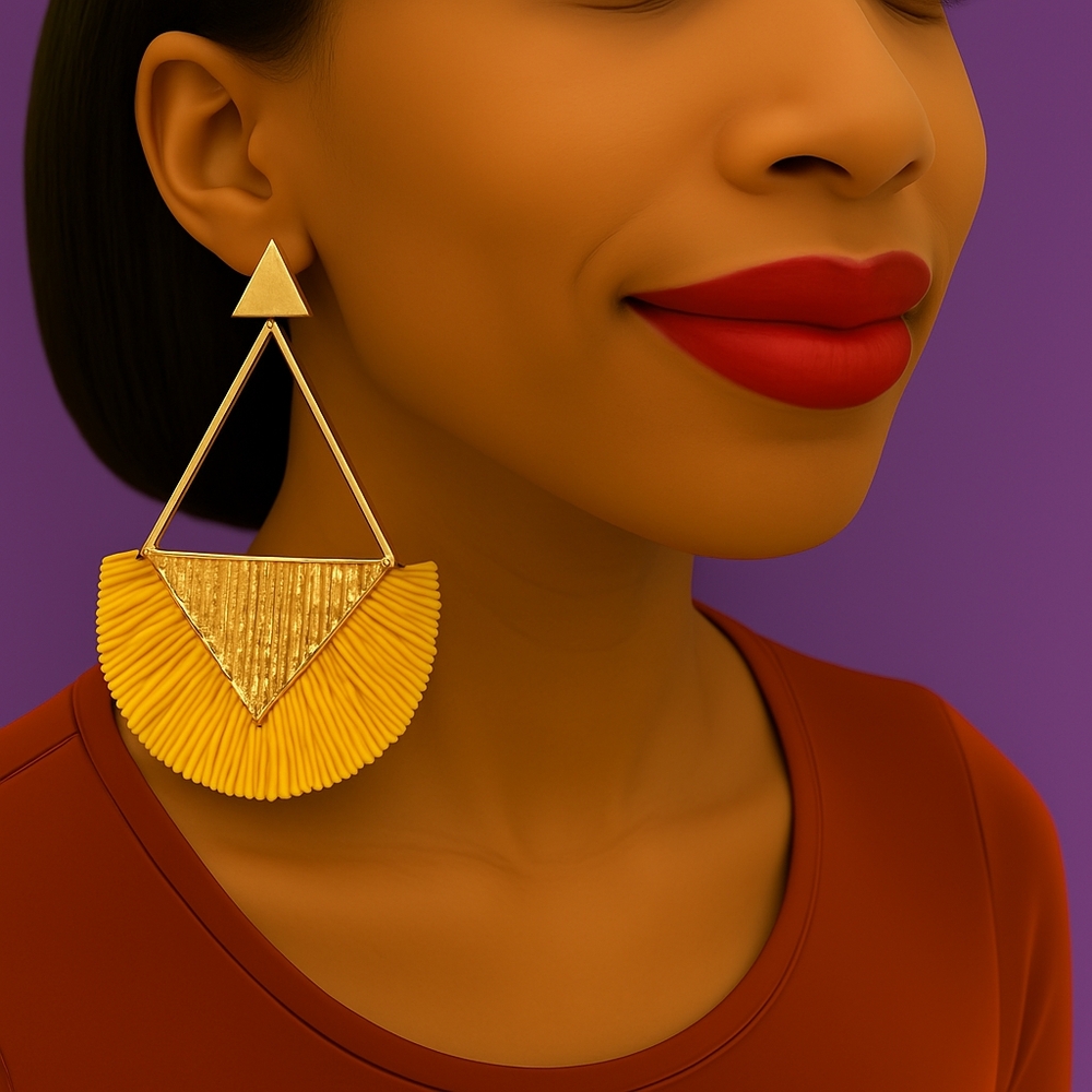 Gold Triangle Yellow Fringed Tassel Post Drop Earrings - 2.5" Women's Jewelry